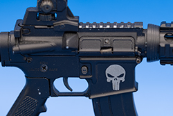Punisher Skull printed Receiver Image of a receiver with the Punisher Skull printed on the mag-well.
